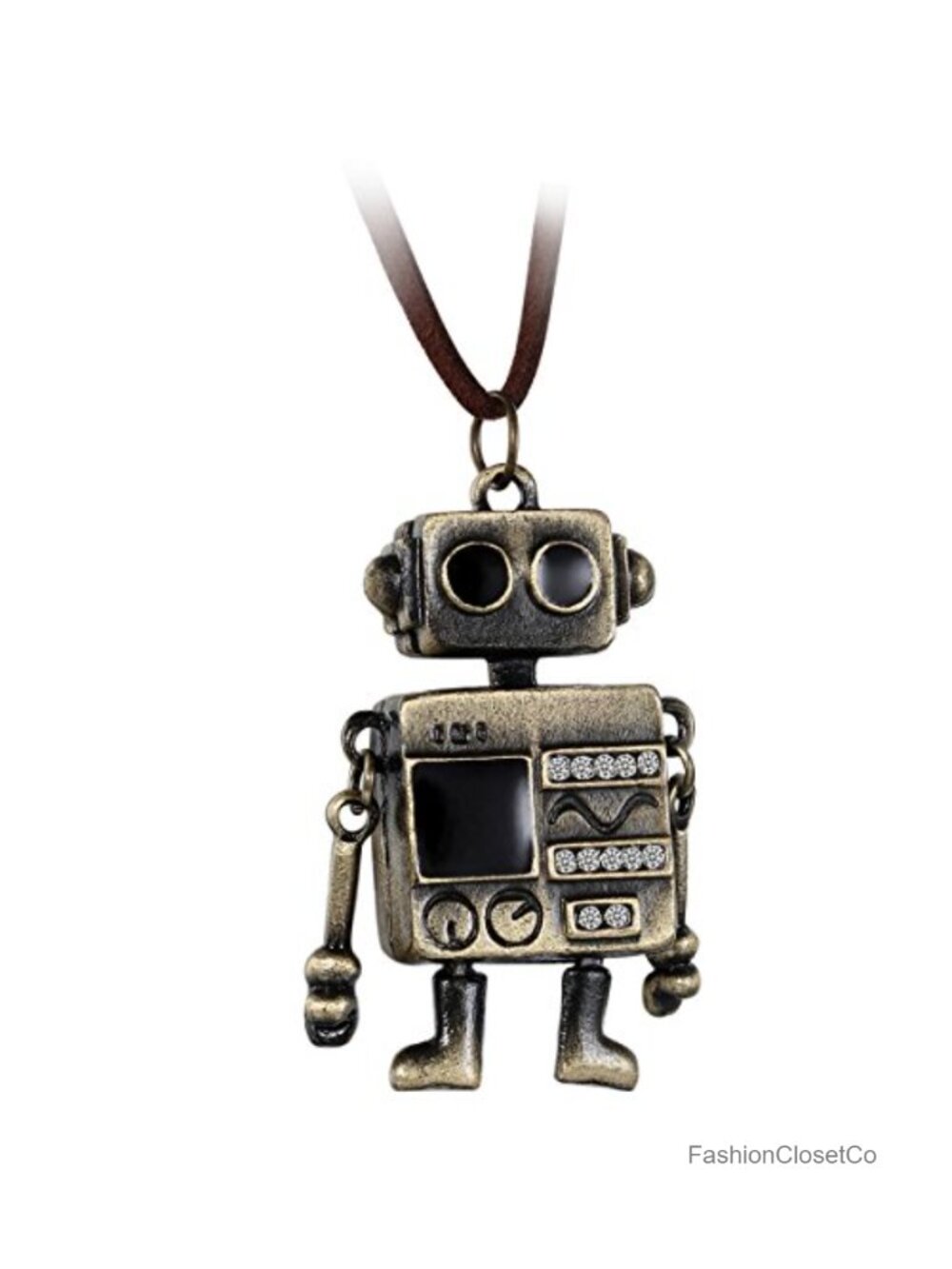 Vintage Alloy Bronze Robot Pendant Necklace with Adjustable Leather Cord